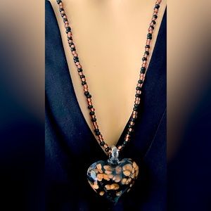 Handmade Black & Copper Glass Beaded Necklace with Murano Glass Heart Pendant